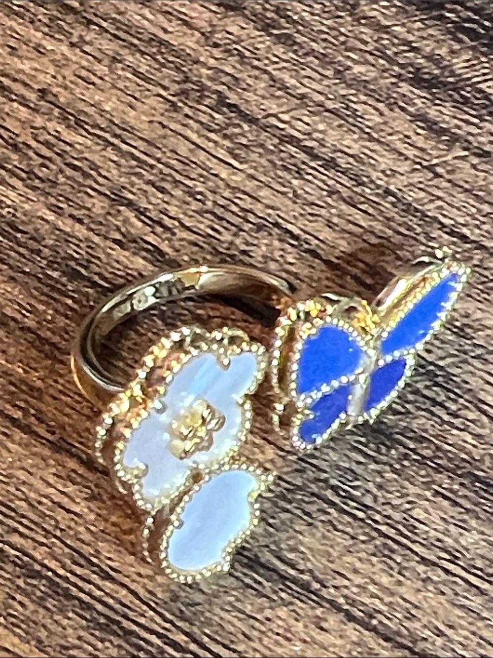 Gold Floral & Blue Butterfly Double-Head Ring - White and Blue